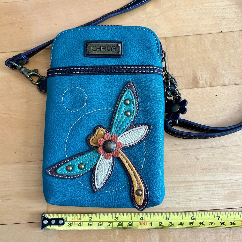 Chala Dragonfly Convertible Pouch, Purse, Crossbody Bag with Charms, Teal, Brown - Picture 10 of 17